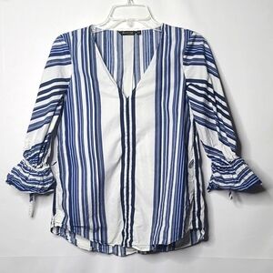 Massimo Dutti 3/4 sleeve cinched striped blue white vneck blouse top siz…